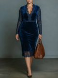 Elegant and Fashionable Dark Blue Velvet Midi Slim-fit V-neck Dress for Women with Lace Neckline and Sleeves - Plus size model