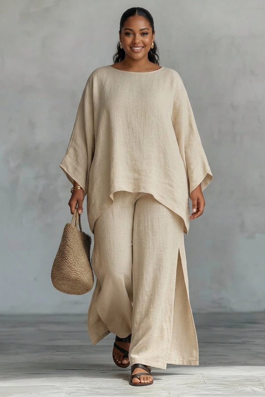 Briar - Linen-Style Oversized Top + Slit Wide-Leg Pants Set - Plus size model