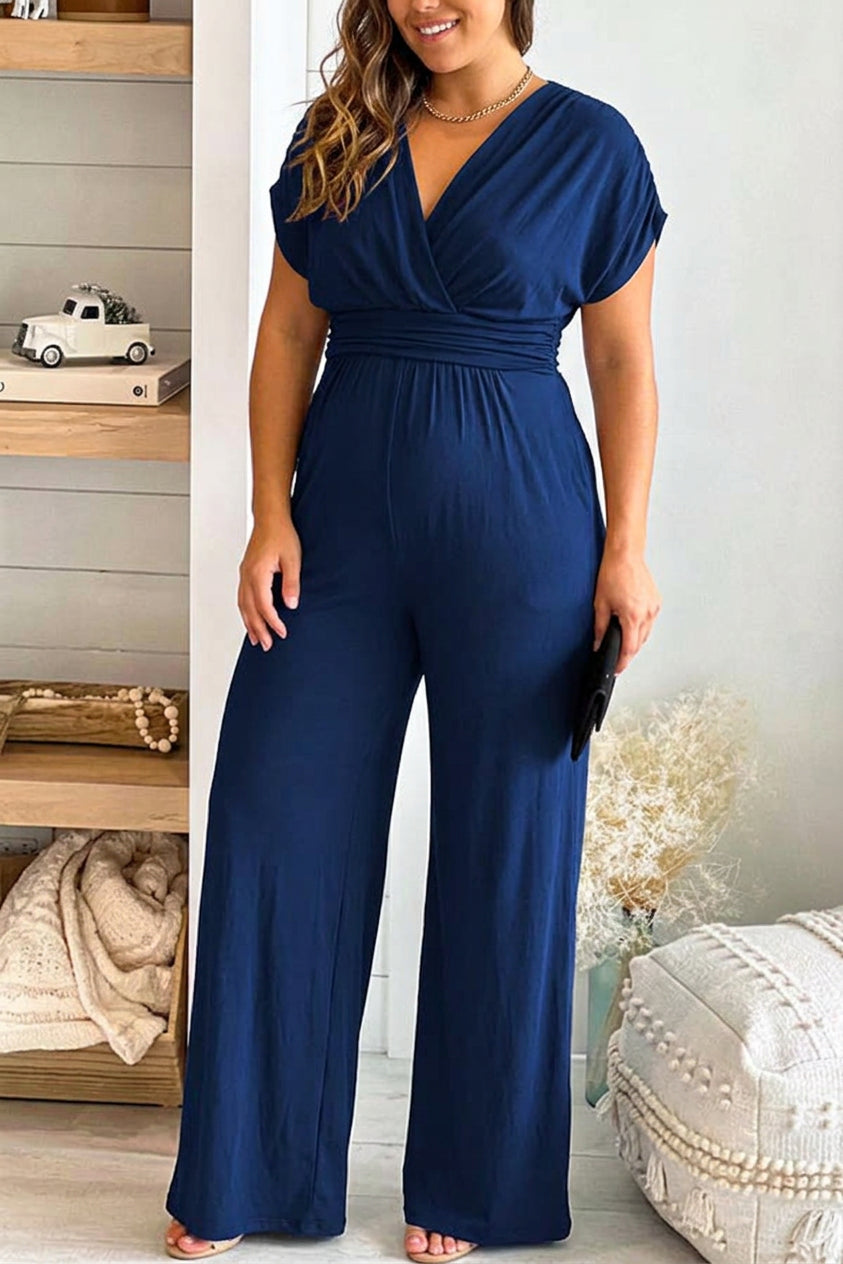 Dawson - V-neck solid slim fit Waist Wide Leg Jumpsuit - Plus size model
