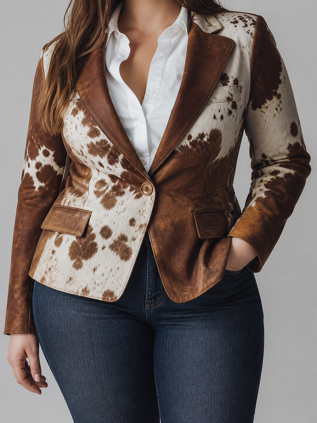 Women’s Vintage Cow Print Eco Friendly Blazer - Plus size model