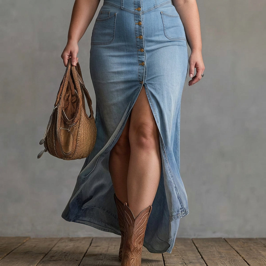 Paisley Maxi Denim Dress - Plus size model