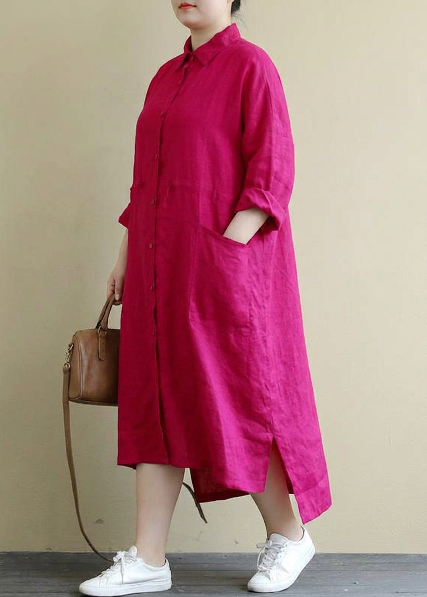 Sienna - Red Linen Shirt Dress Casual Oversize Spring Maxi Dresses - Plus size model
