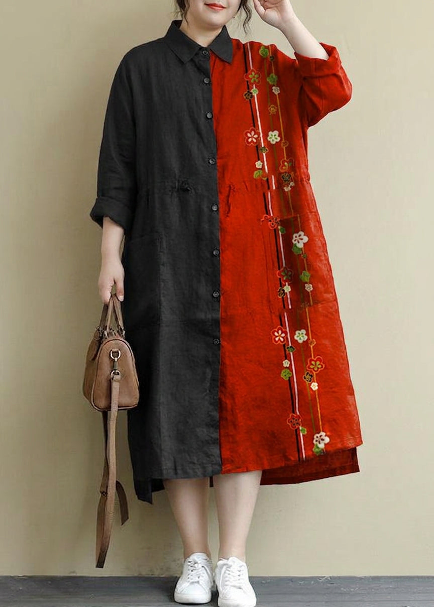 Sienna - Red Linen Shirt Dress Casual Oversize Spring Maxi Dresses - Plus size model