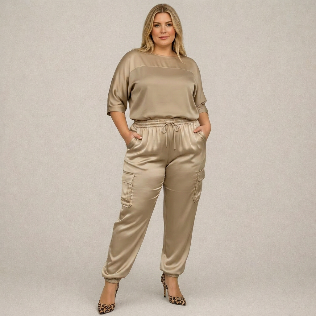 Clara | Loose Satin Cargo Set - Plus size model