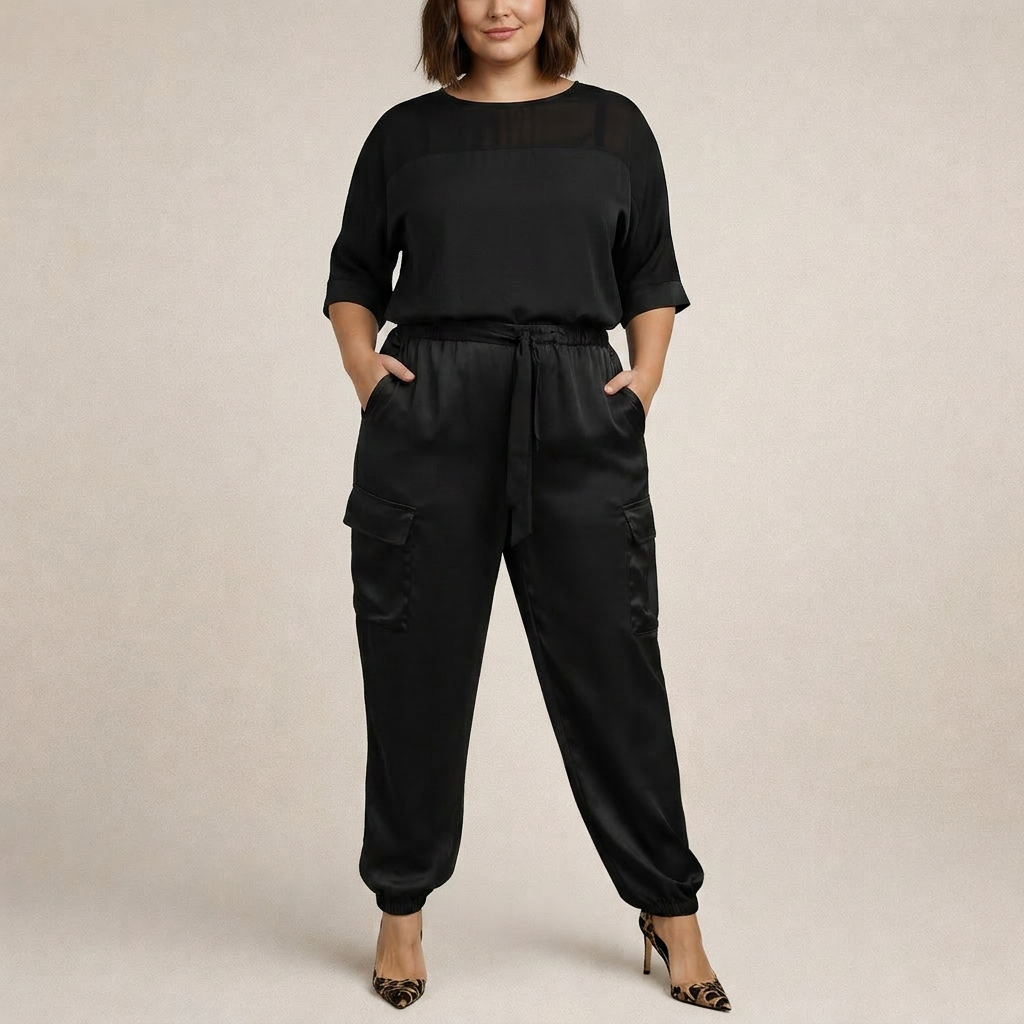 Clara | Loose Satin Cargo Set - Plus size model