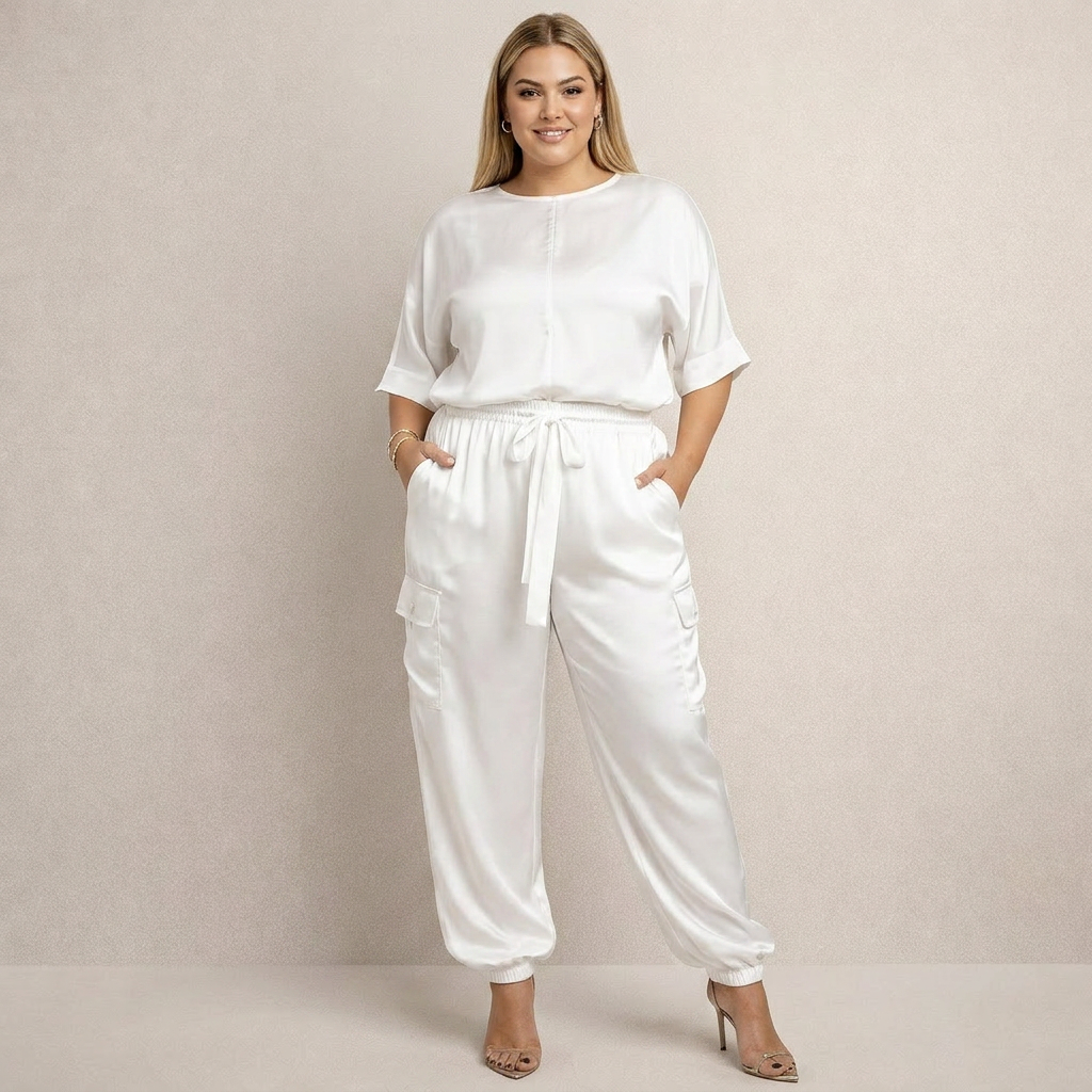 Clara | Loose Satin Cargo Set - Plus size model