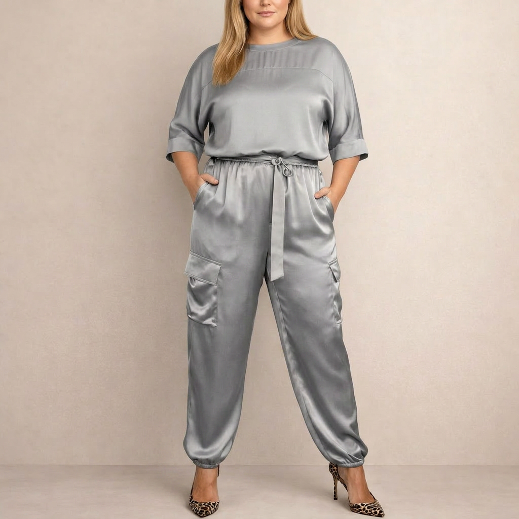 Clara | Loose Satin Cargo Set - Plus size model