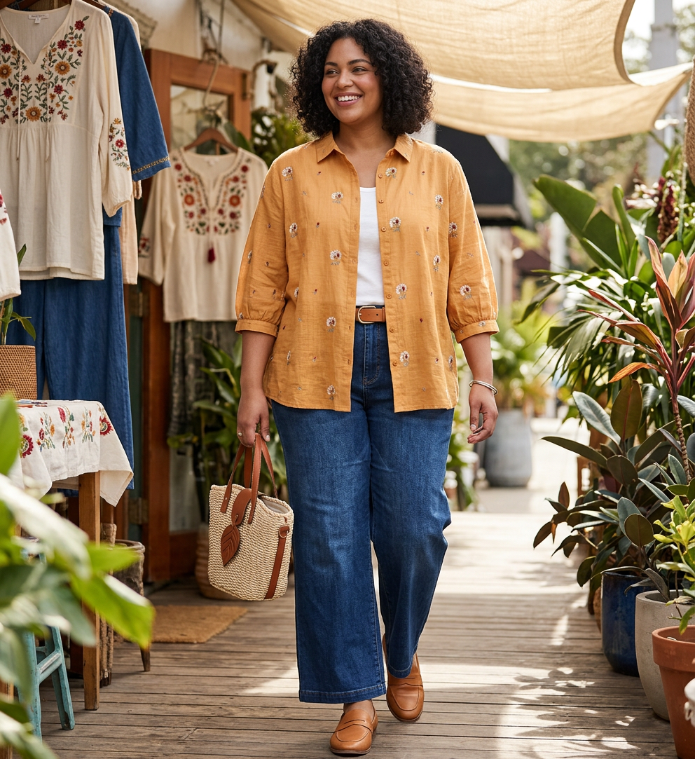 Chloe - Cotton Floral Embroidered Comfortable Shirt - Plus size model