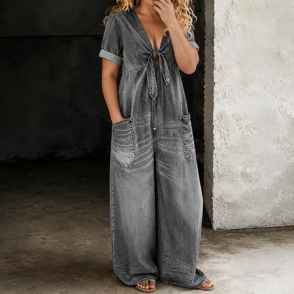Maya | Wide Leg Denim Jumpsuit - Plus size model