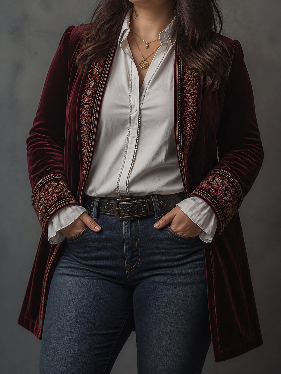 Women’s Vintage Navy Embroidered Longline Jacket - Plus size model
