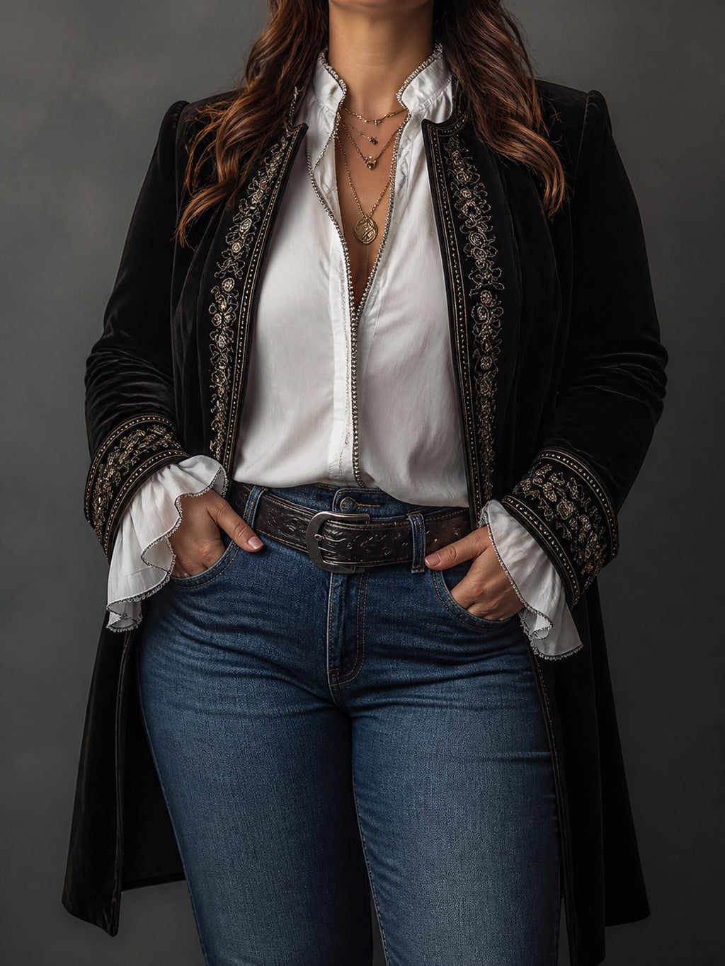Women’s Vintage Navy Embroidered Longline Jacket - Plus size model