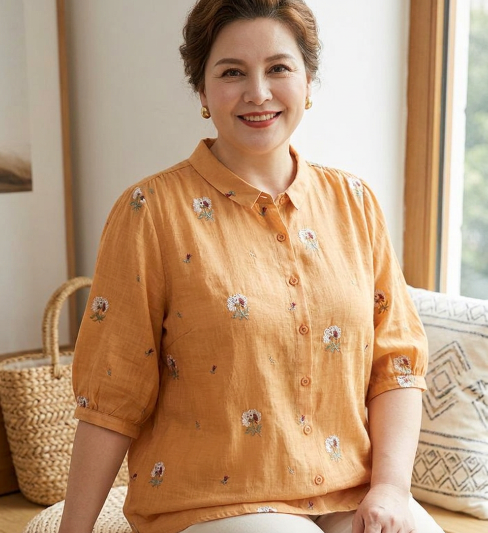 Chloe - Cotton Floral Embroidered Comfortable Shirt - Plus size model