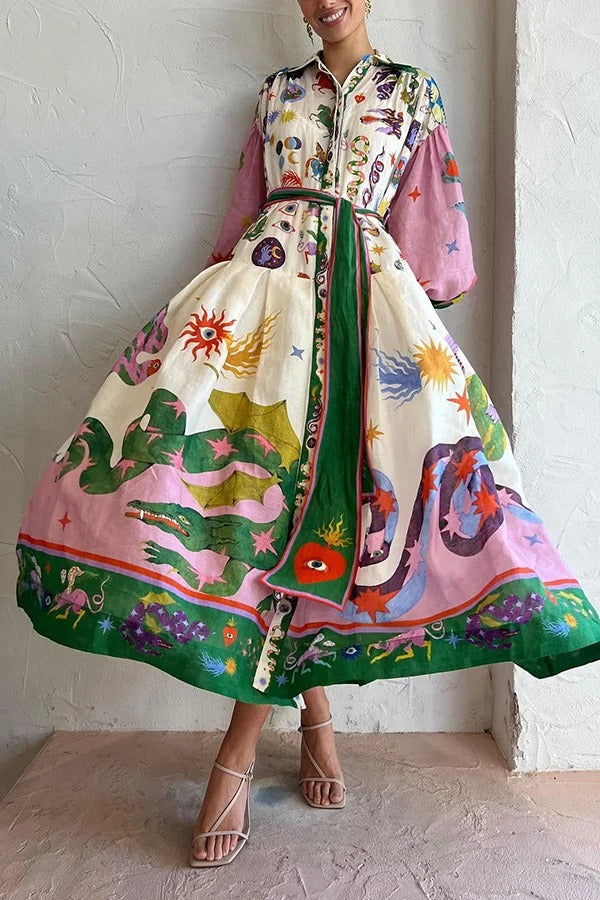 Crystal - Retro French court style pleated maxi print dress