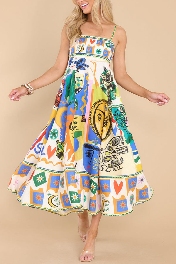 Kaitlyn - Joyful Glow Goddess Linen Blend Unique Print Pocketed Smocked Back Midi Dress