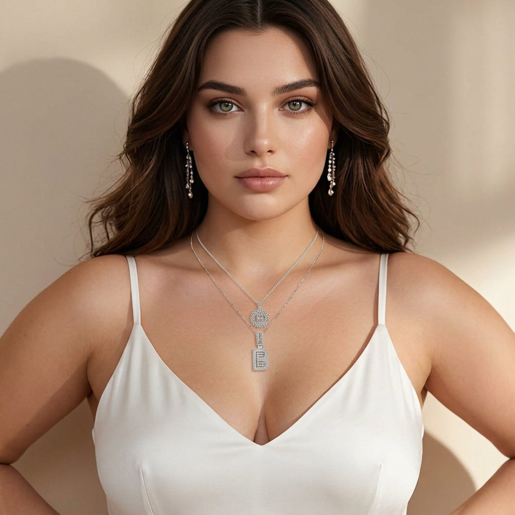 Pave letter initial necklace set | White Gold - Plus size model