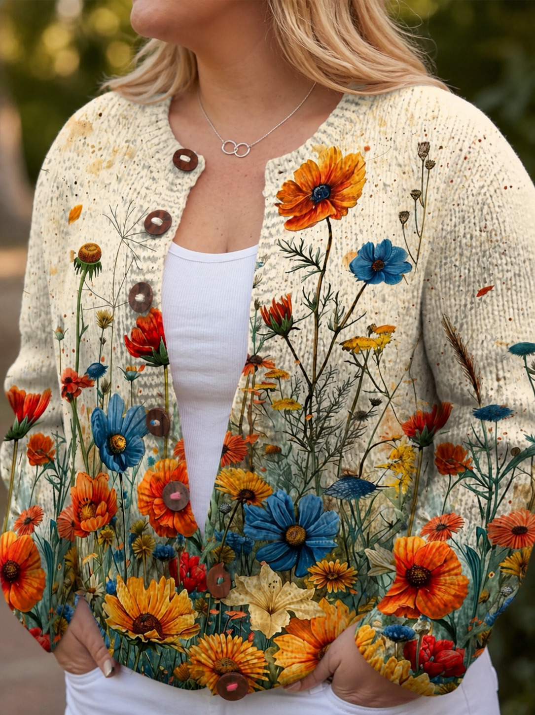 Tansy | Vintage Floral Print Cardigan Sweater - Plus size model