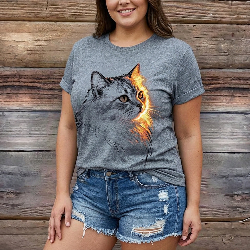 Mia | Casual Cat Print T-Shirt - Plus size model