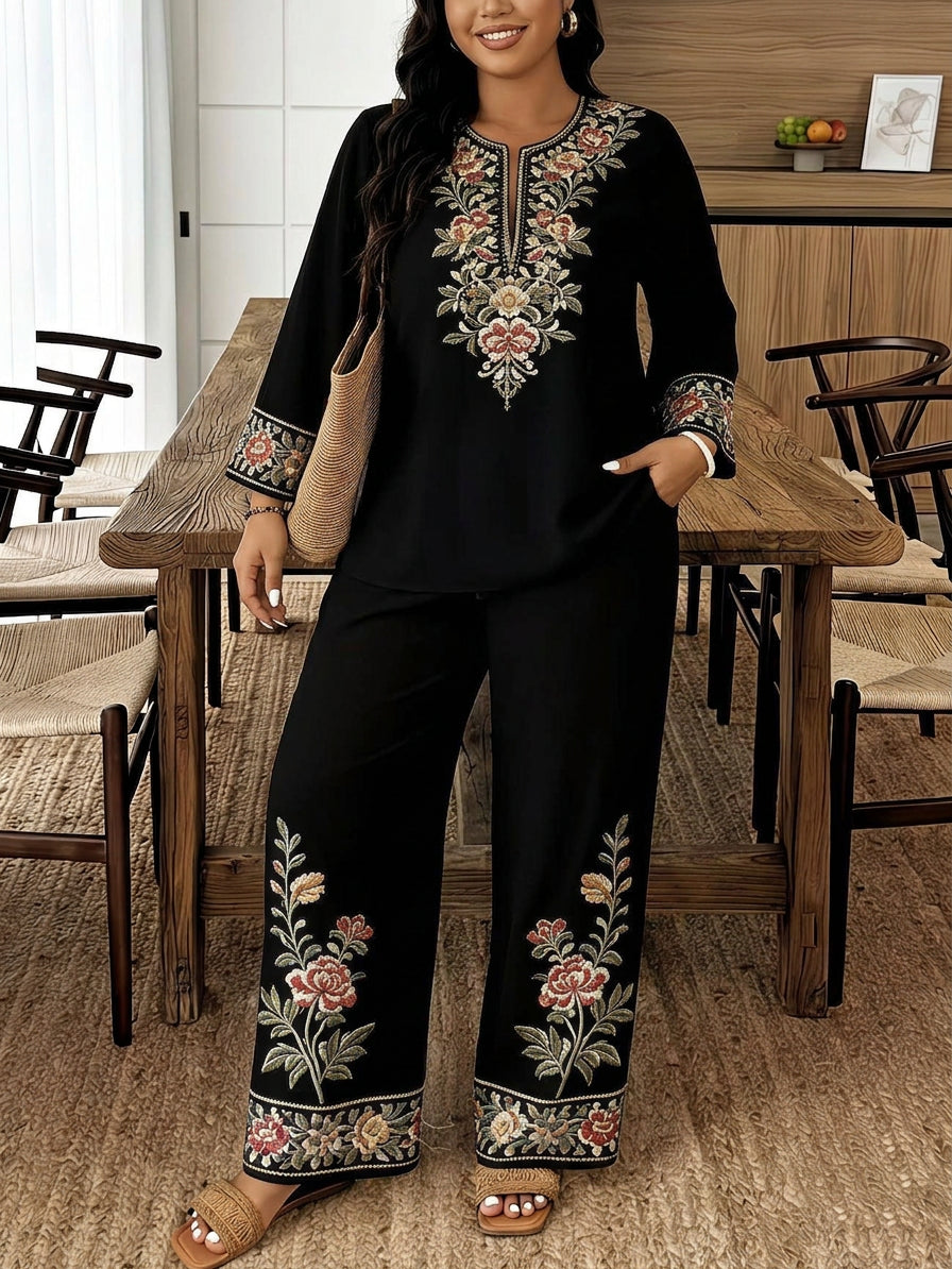 Women's Embroidered Two-Piece Lounge Set - Plus size model