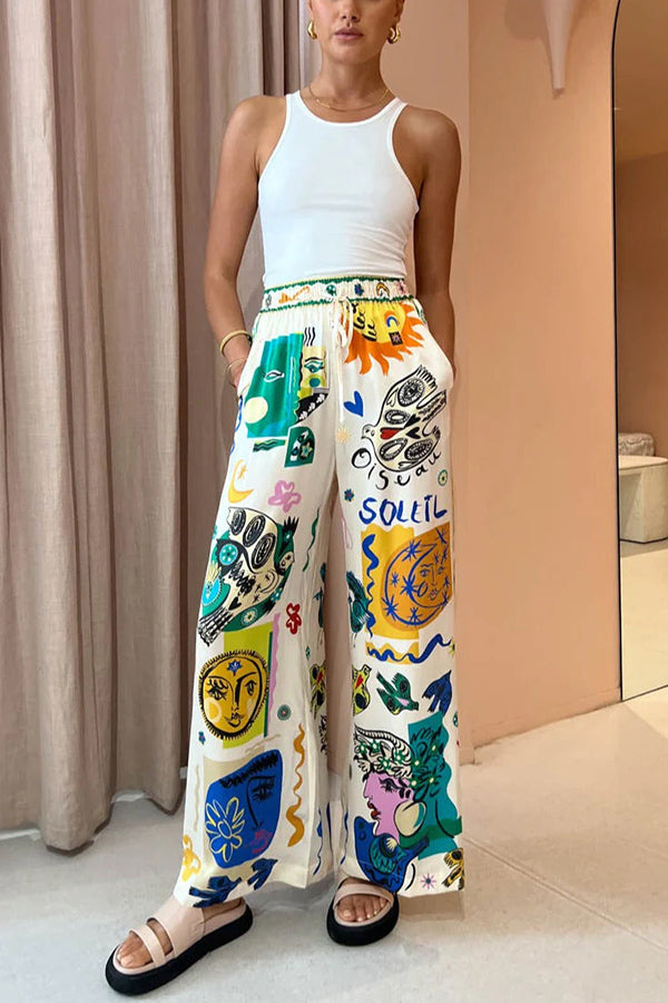 Alexis - Meralda Unique Print Elastic Waist Pocketed Wide Leg Pants