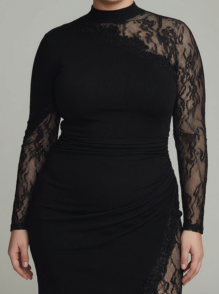 Black Turtleneck Lace Asymmetrical Tulle Long Sleeve Mini Dress - Plus size model