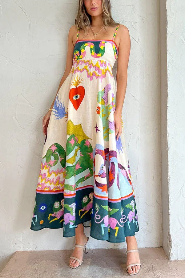 Kayla - Feel Effortlessly Linen Blend Unique Print Smocked Back Midi Dress