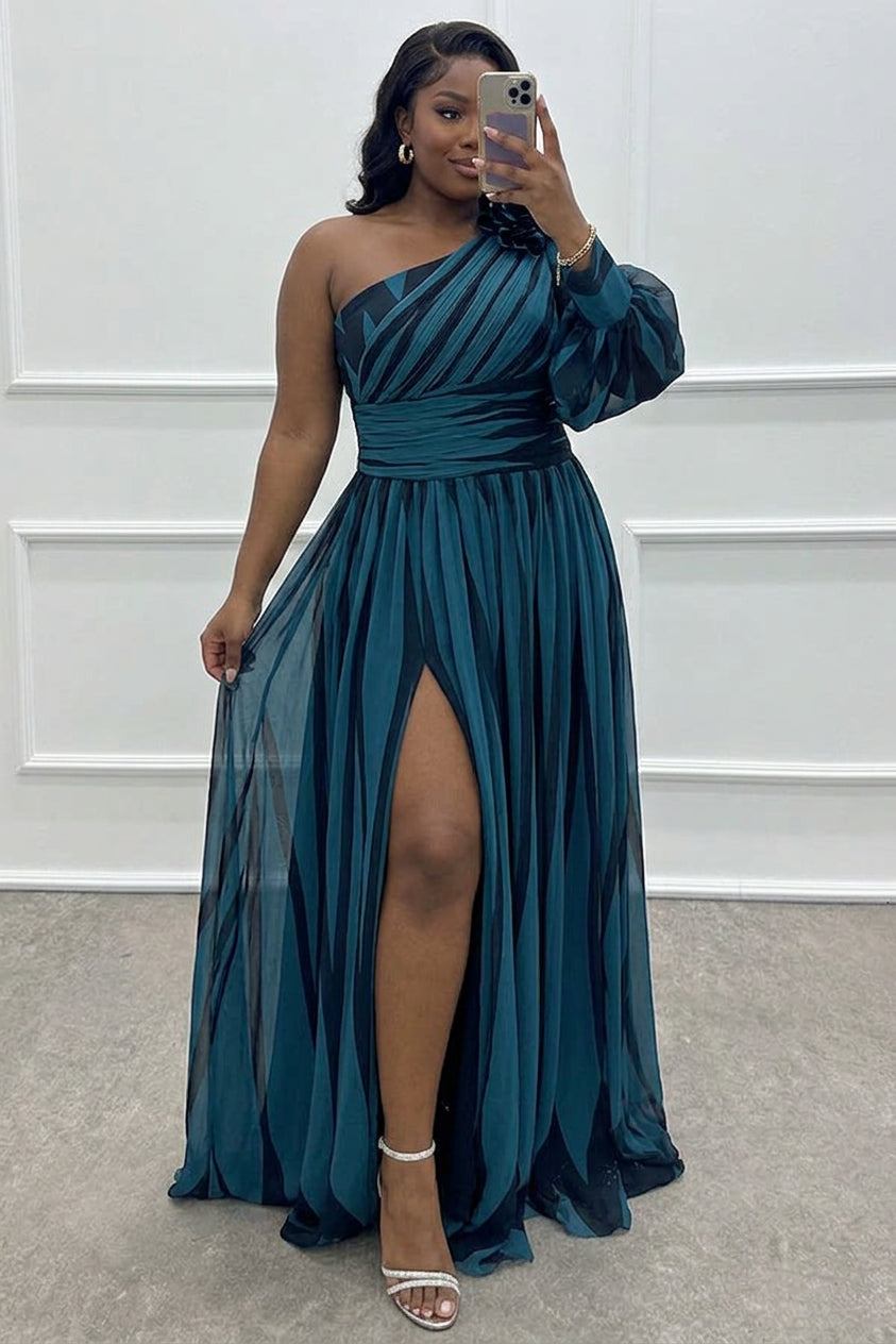 Annalise - One Shoulder Pleated Slit Maxi Dress - Plus size model