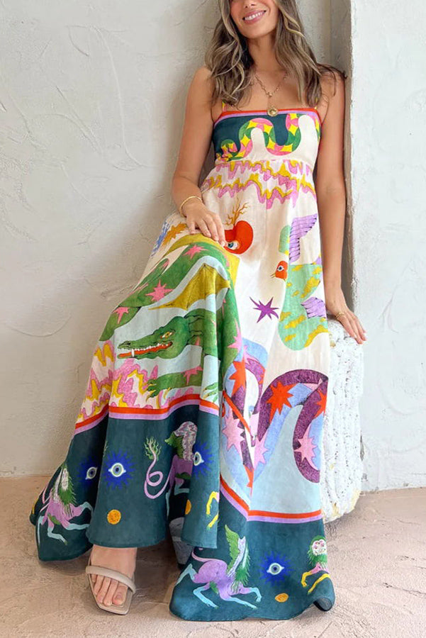 Kaitlyn - Joyful Glow Goddess Linen Blend Unique Print Pocketed Smocked Back Midi Dress