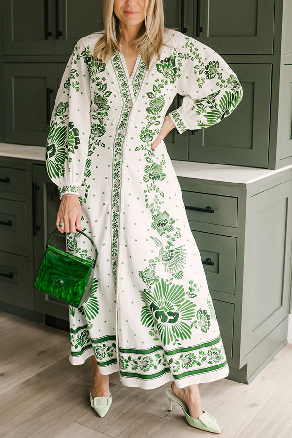 Angela - Unique Print Button Down Long Sleeve Shirt Maxi Dress