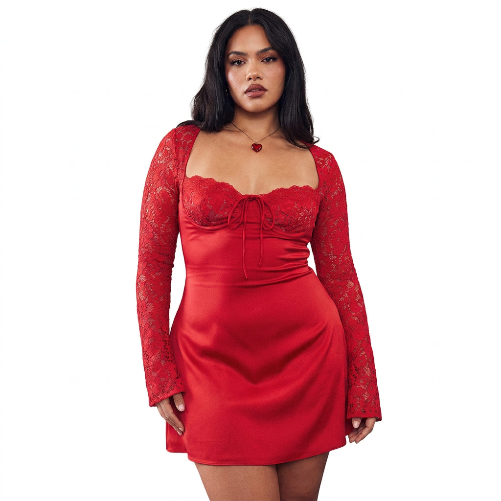 Mira | Lace Sleeve Sweetheart Mini Dress - Plus size model