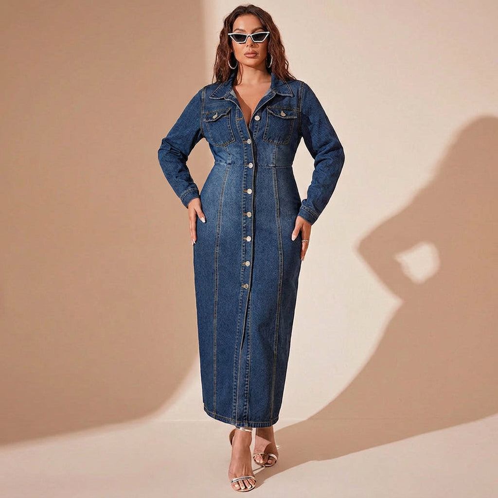 Sarah Denim Cardigan Dress - Plus size model
