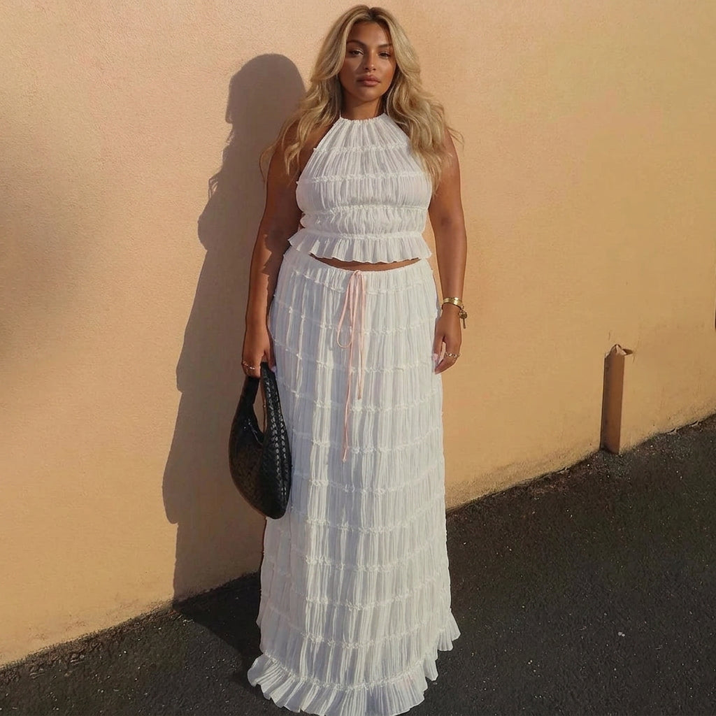 Marina | Ruched Halter Crop Top & Maxi Skirt Set - Plus size model