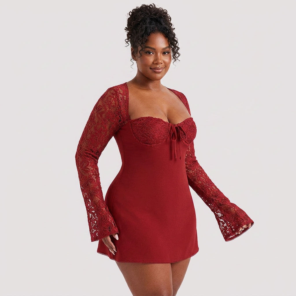 Mira | Lace Sleeve Sweetheart Mini Dress - Plus size model