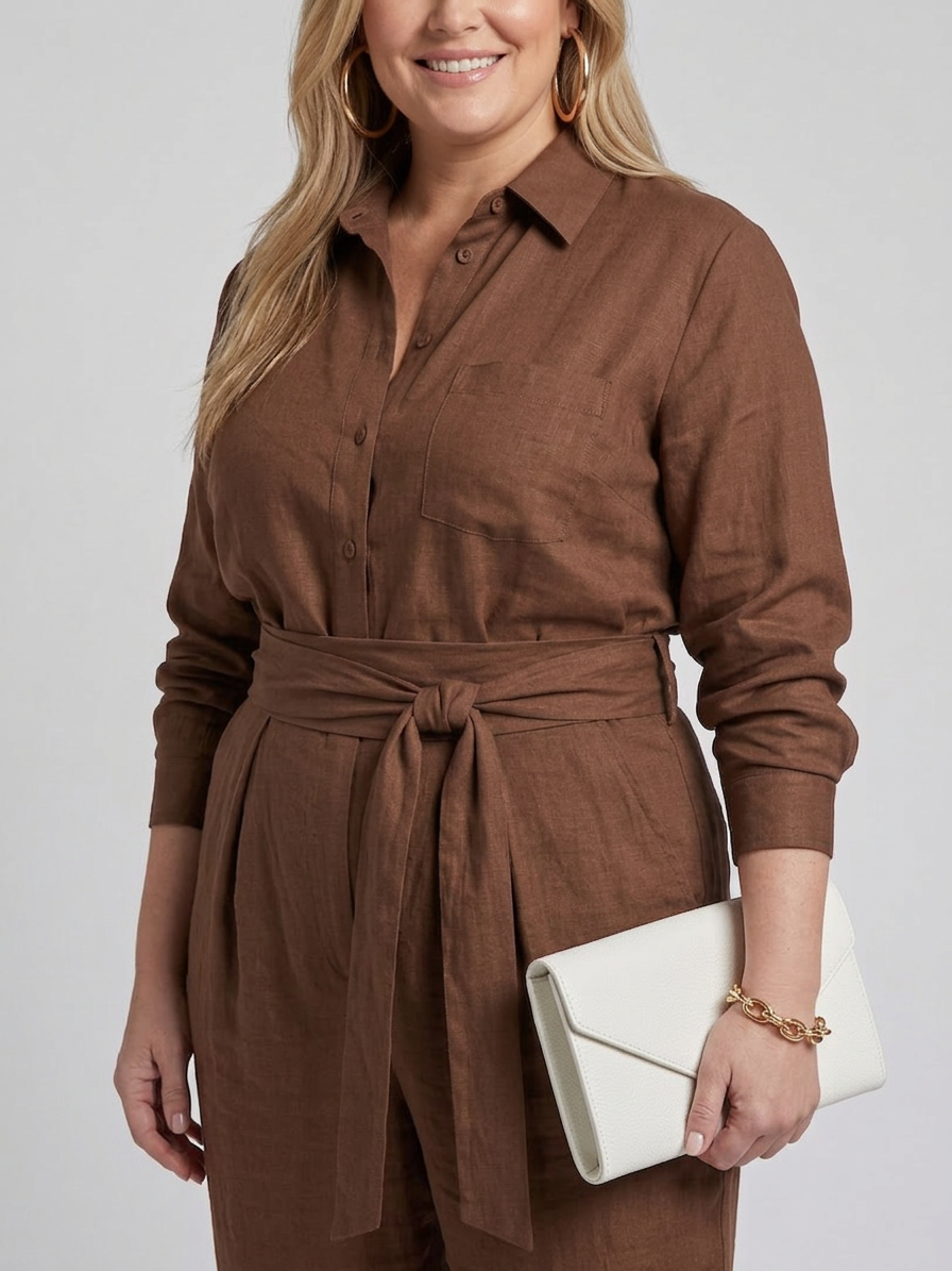 Jovie | Long Sleeve Button Front Wide Leg Jumpsuit - Plus size model