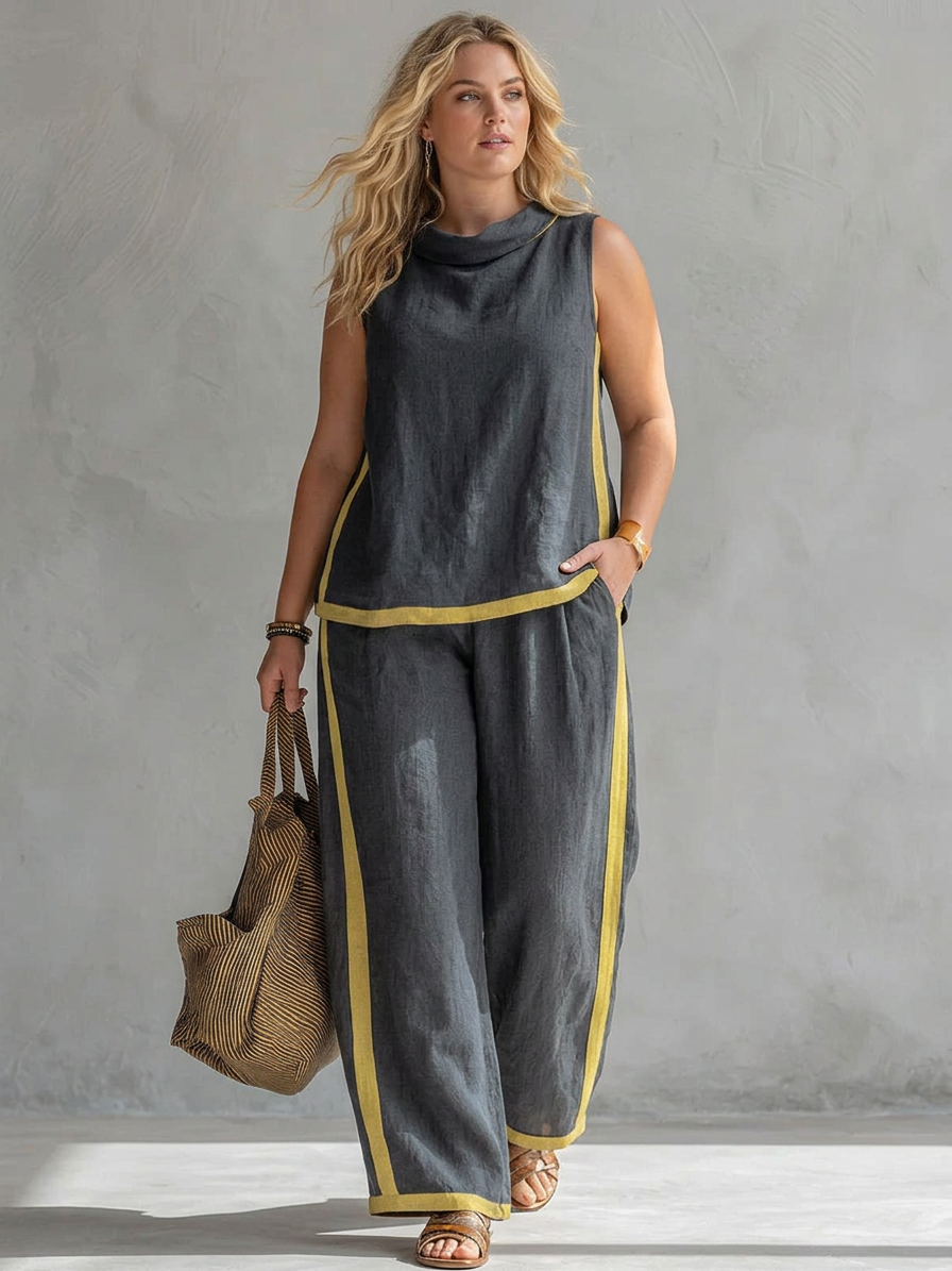 Ursula - Elegant and Casual Set of Vest and Pants with Bicolor Finishes - Plus size model