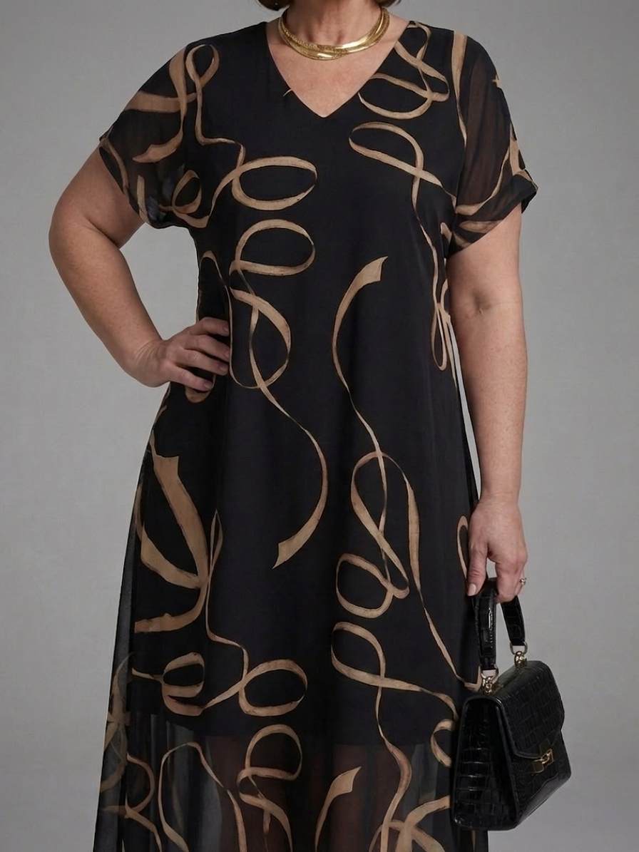 Adria | Abstract Midi Dress with Short Sleeves - Plus size model