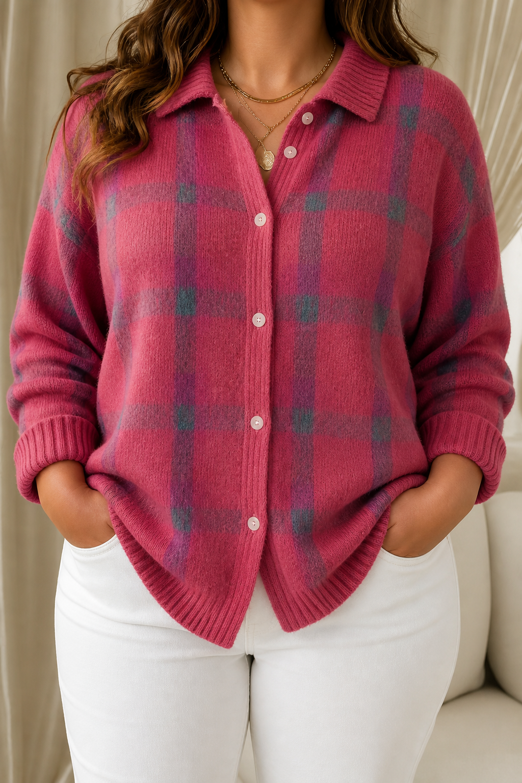 Ashley | Classic Collared Plaid Cardigan - Plus size model