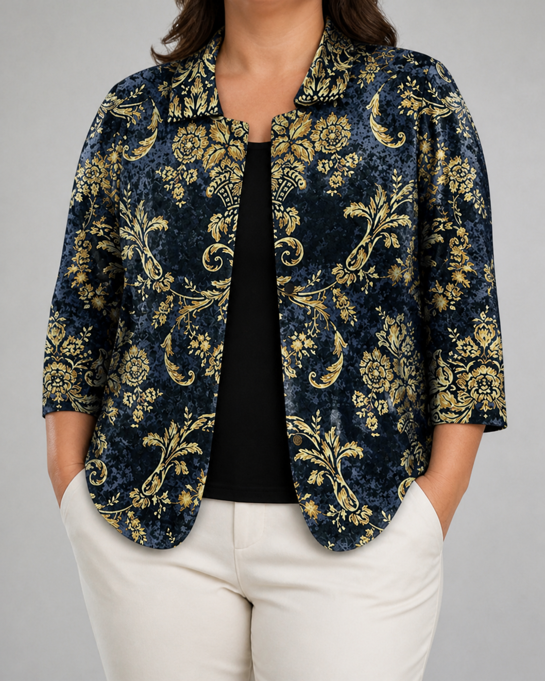 Joan | Baroque Scrollwork Open Shirt Blouse - Plus size model