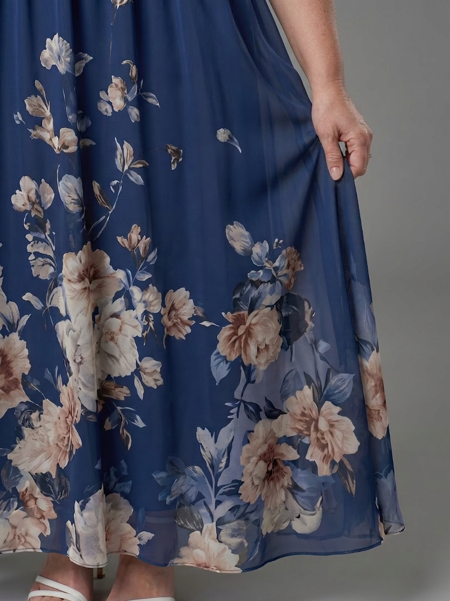 Clarissa | Sleeveless V Neck Soft Floral Hem Midi Dress - Plus size model