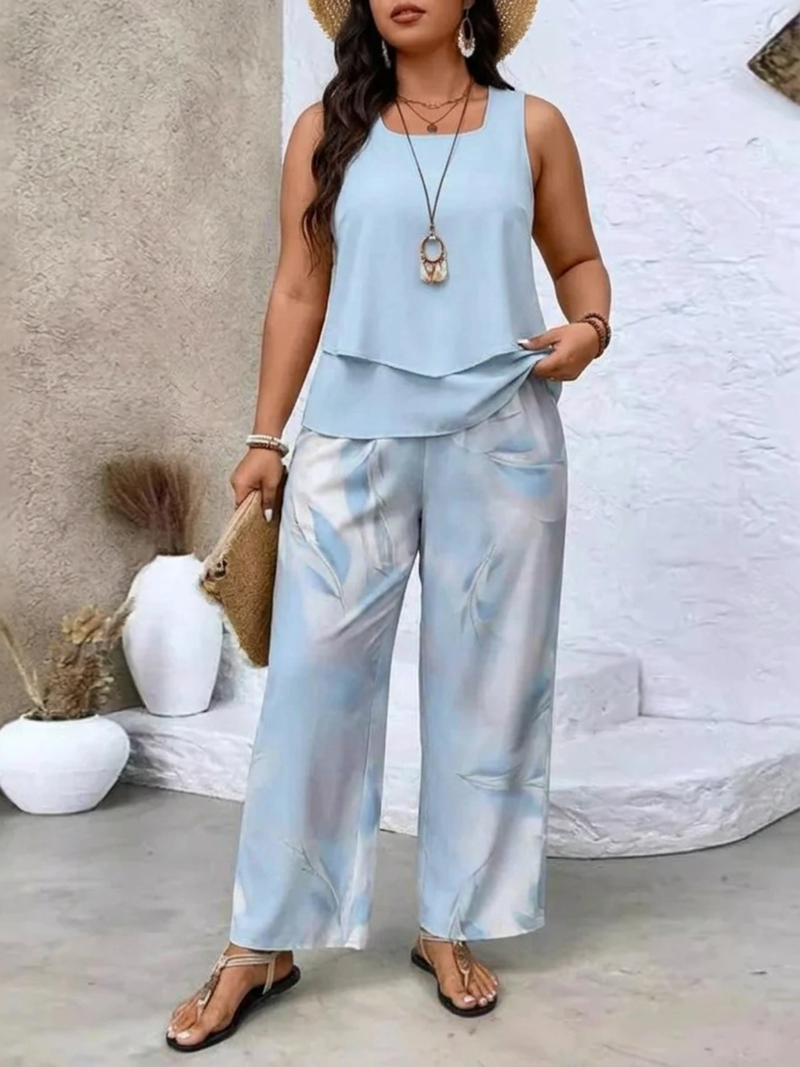 Ovelynra™ | Sleeveless Top And Wide-Leg Pants Set - Plus size model