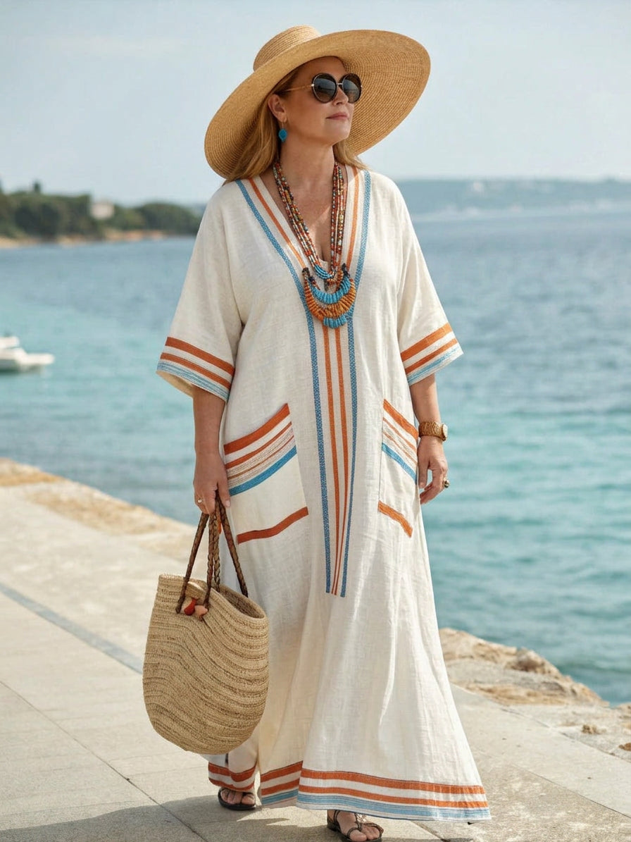 Aria | Coastal Linen Stripe Maxi Dress - Plus size model