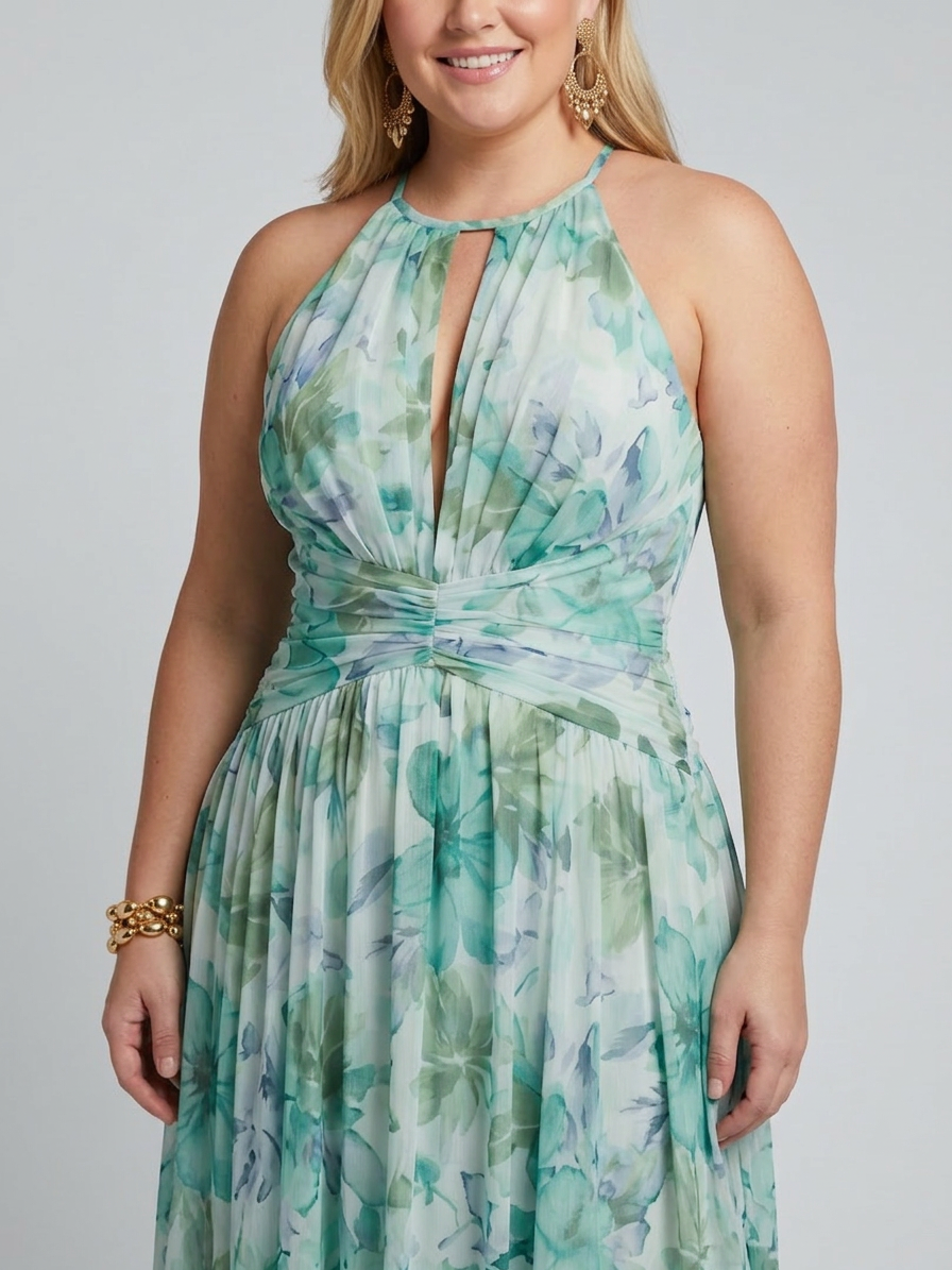 Portia | Pleated Halter Soft Floral Pattern Midi Dress - Plus size model