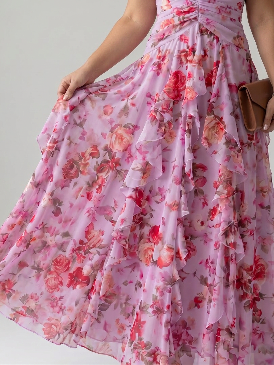 Nori | Halter Neck Ruched Bodice Floral Maxi Dress - Plus size model