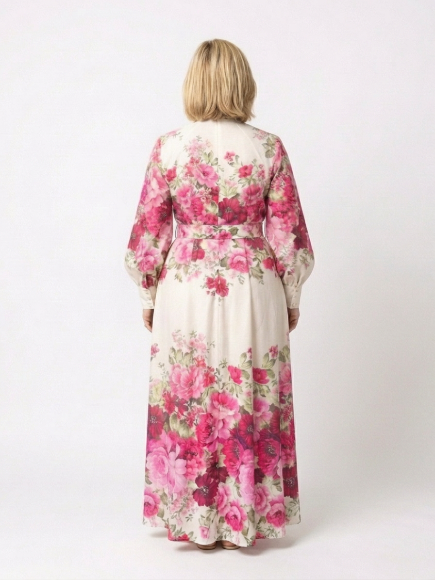Kennedy | Long Sleeve Floral Belted Maxi Dress - Plus size model