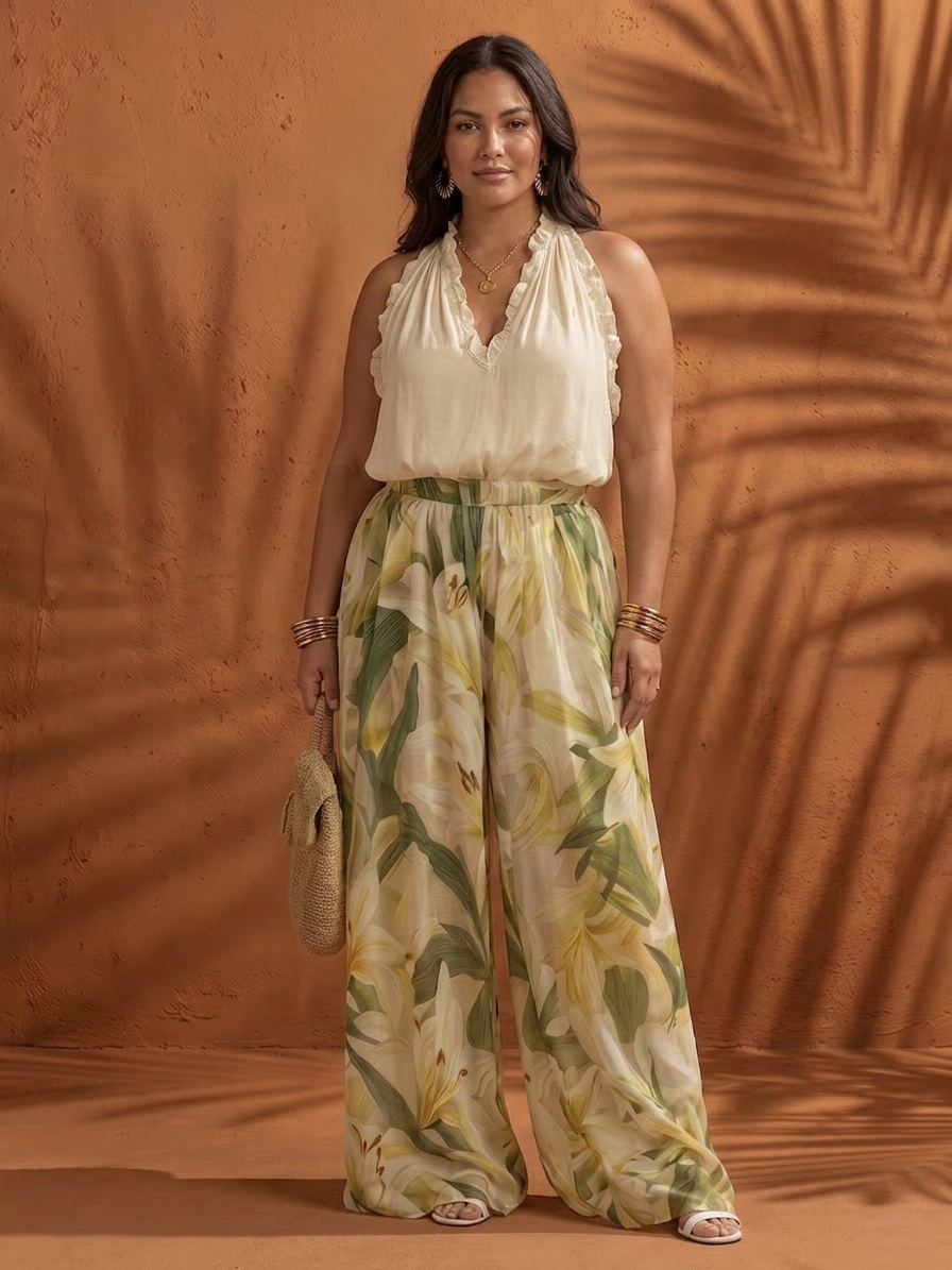 Solange | Halter Neck Blouse Floral Wide Leg Set - Plus size model