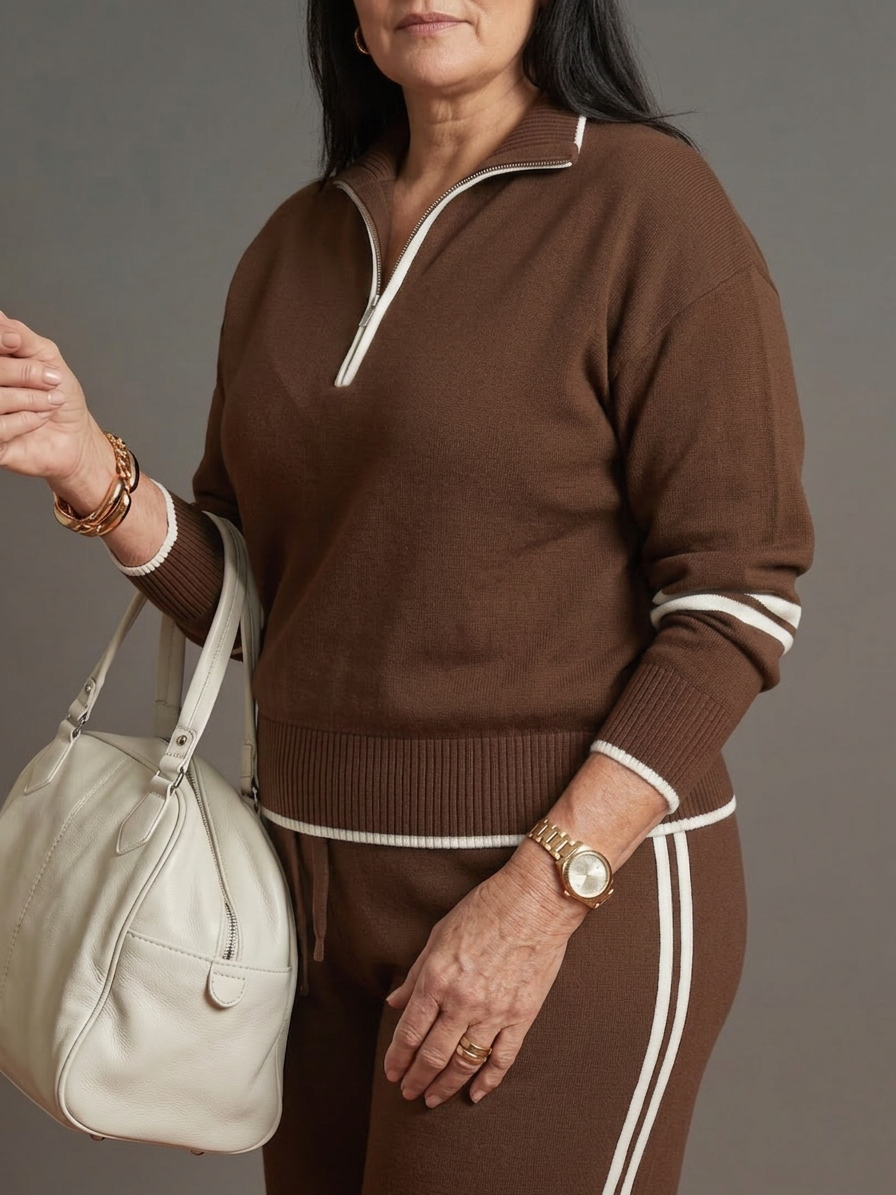 Rain | Zip Neck Long Sleeve Side Stripe Leg Pants Set - Plus size model