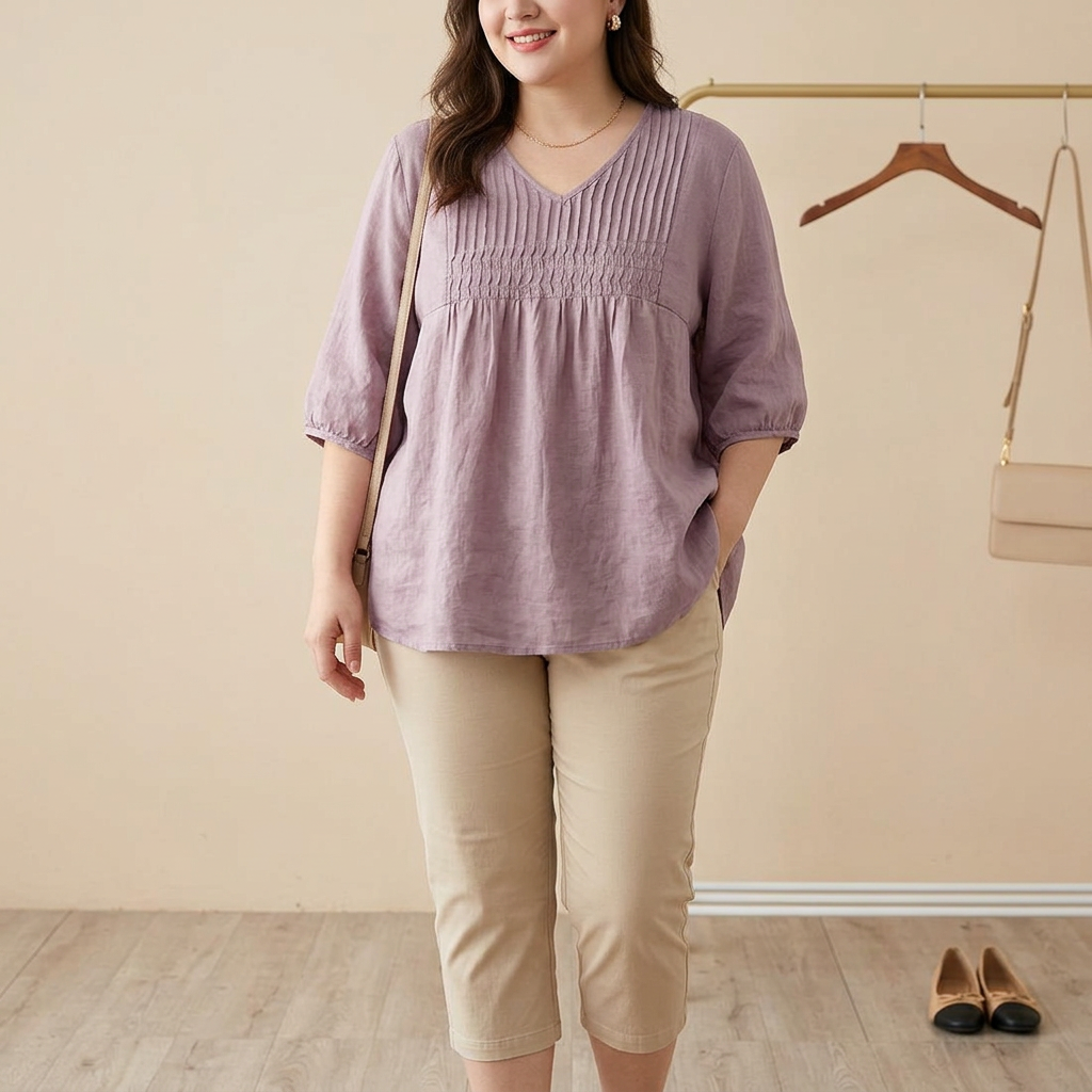 Blake - Pure Linen Cotton Pleated Comfortable tunic - Plus size model