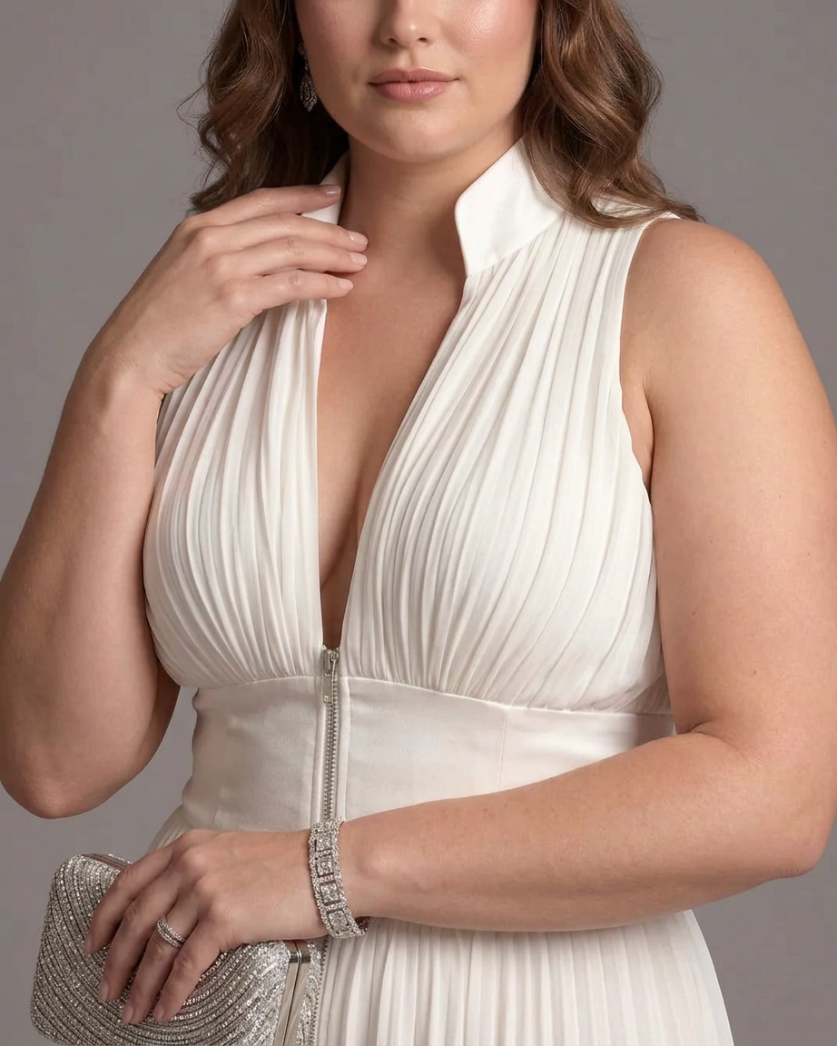 White sleeveless chiffon jumpsuit with V-neck, zip, and pleated wide-leg pants - Plus size model