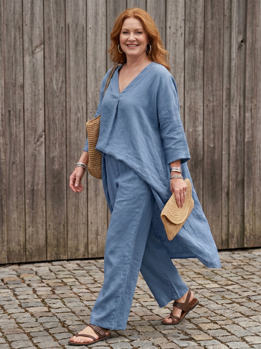 Onyx | Loose Tunic Top Wide Leg Pant Set - Plus size model