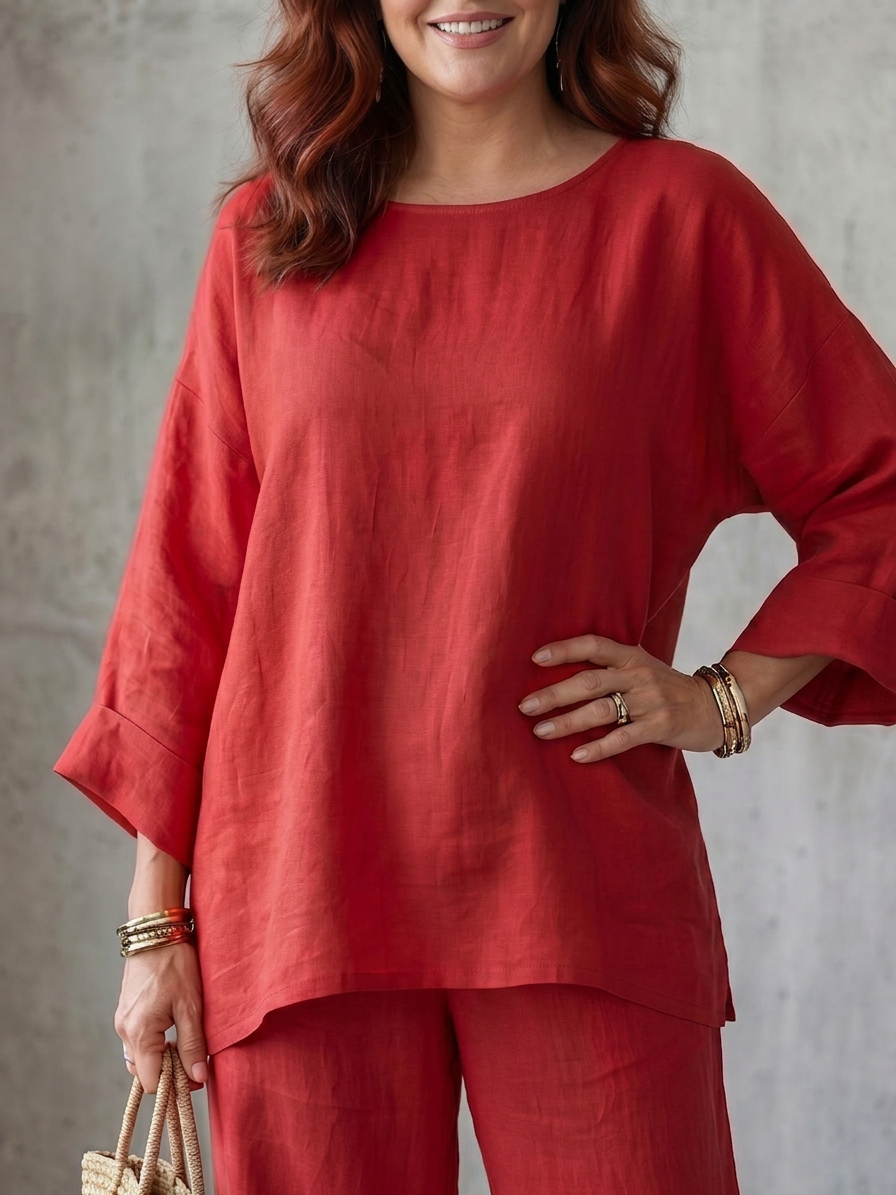 Prue | Oversized Tunic Wide Leg Pant Set - Plus size model