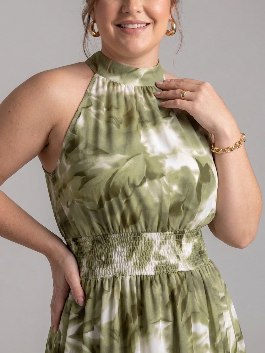 Olivia | Gathered Waist Abstract Print Midi Dress - Plus size model